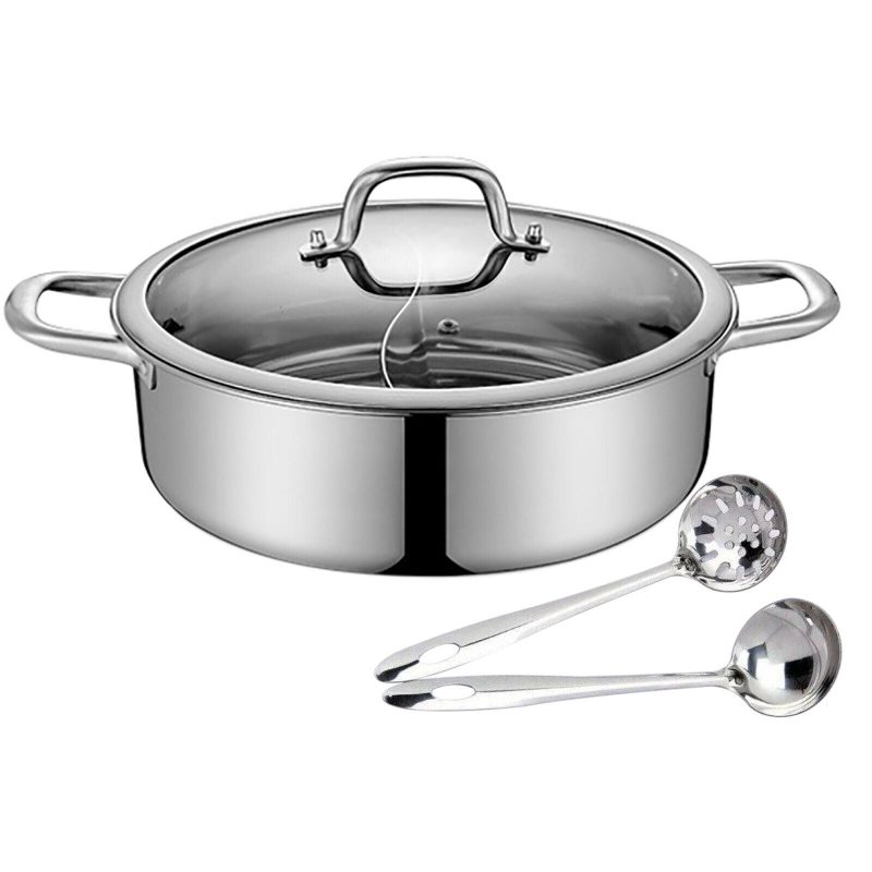 304 Stainless Steel Shabu Shabu Dual Sided Hot Pot W/ Lid And 2 Ladles - Image 16