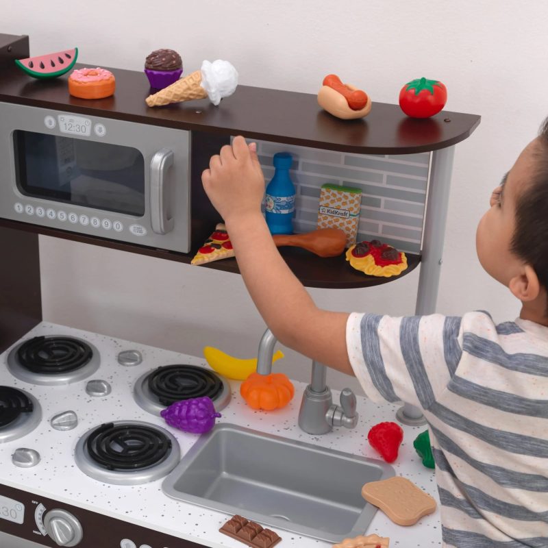 KidKraft Uptown Espresso Wooden Play Kitchen Set with 30-Piece Food Accessories, Chalkboard & Granite-Style Countertops - Image 9