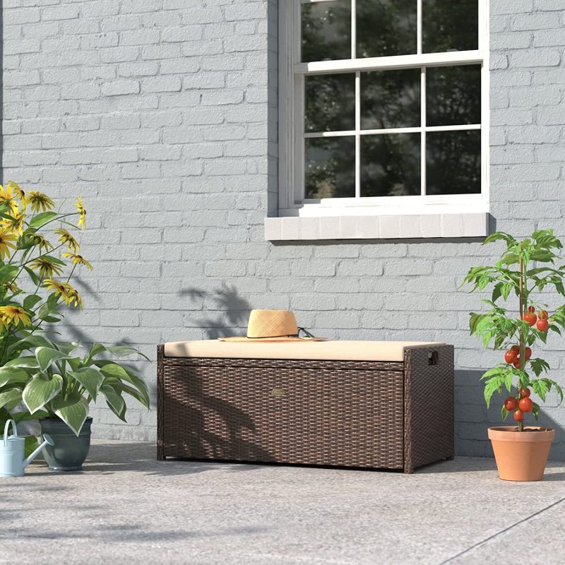 Barton Outdoor Storage Bench Rattan Style Deck Box Wicker Patio Furniture Water Resistance w/Seat Cushion, 60-Gallon, Brown - Image 8