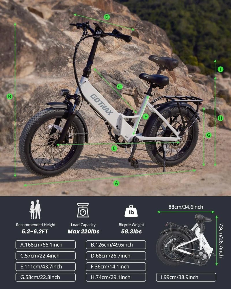 GOTRAX F2 Step-Through Foldable Electric Bike - 20" x 3" Air Filled Tires - 20MPH & up to 40 Mile Range - White - MadeInUSA - Image 11