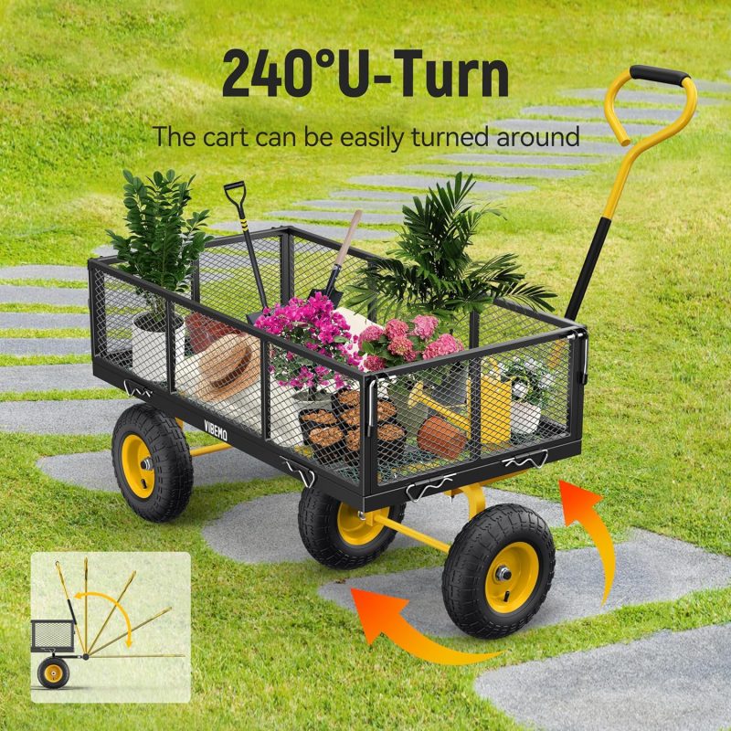 Steel Garden Cart, 2-in-1 1400 lbs Heavy Duty Utility Wagon, with Removable Mesh Sides to Convert into Flatbed, 240° U-Turn 13" Pneumatic Tires Garden Wagon for Farm Yard Lawn Garden Camping - Image 12