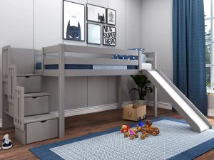 Jackpot Low Loft Twin Bed with 3 Drawer Stairway and Slide, Gray - MadeInUSA