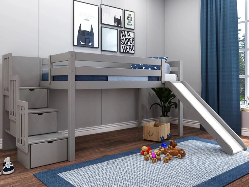 Jackpot Low Loft Twin Bed with 3 Drawer Stairway and Slide, Gray - MadeInUSA