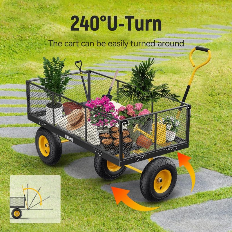 Steel Garden Cart, 2-in-1 1400 lbs Heavy Duty Utility Wagon, with Removable Mesh Sides to Convert into Flatbed, 240° U-Turn 13" Pneumatic Tires Garden Wagon for Farm Yard Lawn Garden Camping - Image 5