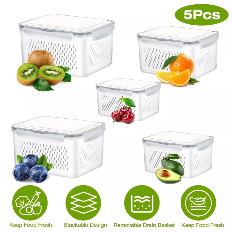 5-Pieces Fruit Vegetable Storage Containers For For Fridge With Lids & Colanders - Image 2