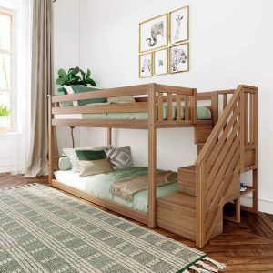 Max and Lily Twin Over Twin Low Bunk Bed with Staircase - Pecan - MadeInUSA