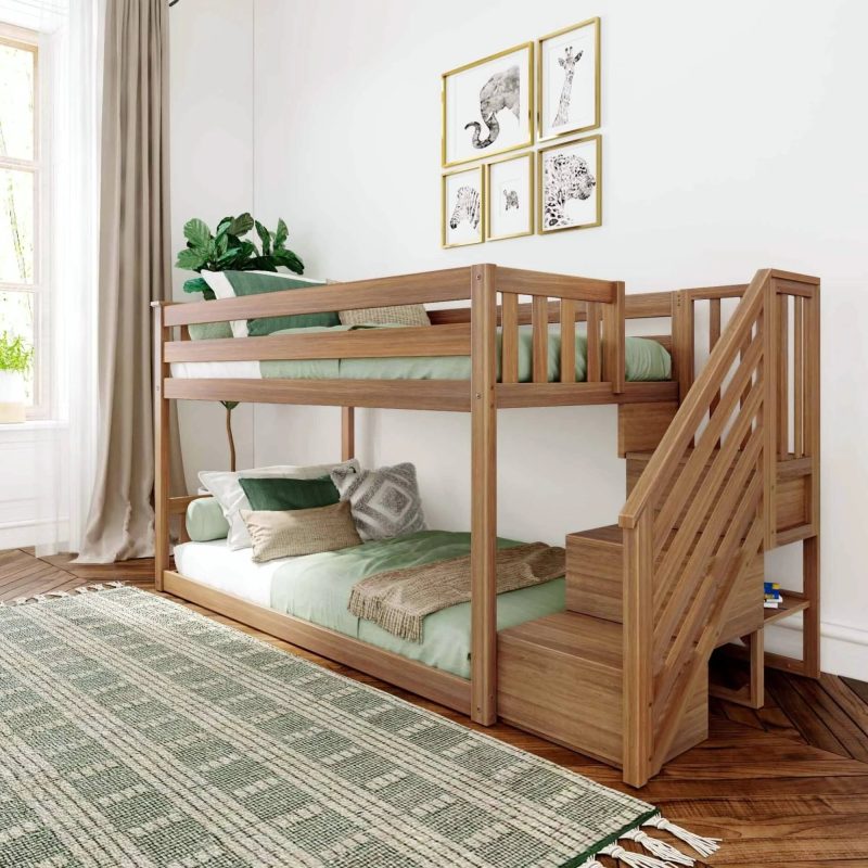Max and Lily Twin Over Twin Low Bunk Bed with Staircase - Pecan - MadeInUSA