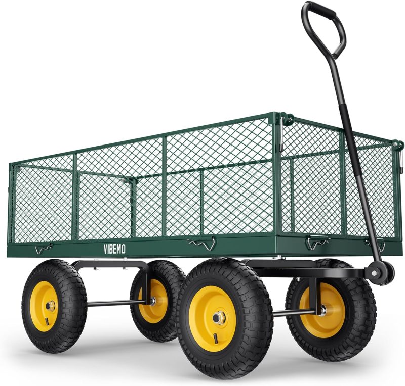 Steel Garden Cart, 2-in-1 1400 lbs Heavy Duty Utility Wagon, with Removable Mesh Sides to Convert into Flatbed, 240° U-Turn 13" Pneumatic Tires Garden Wagon for Farm Yard Lawn Garden Camping - Image 4