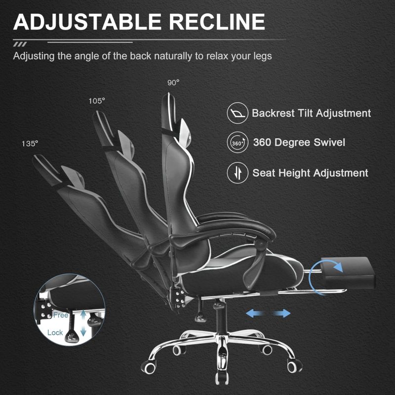 GTPLAYER Gaming Chair, Computer Chair with Footrest and Lumbar Support, Height Adjustable Game Chair with 360  -Swivel Seat and Headrest and for Office or Gaming (White) - Image 18
