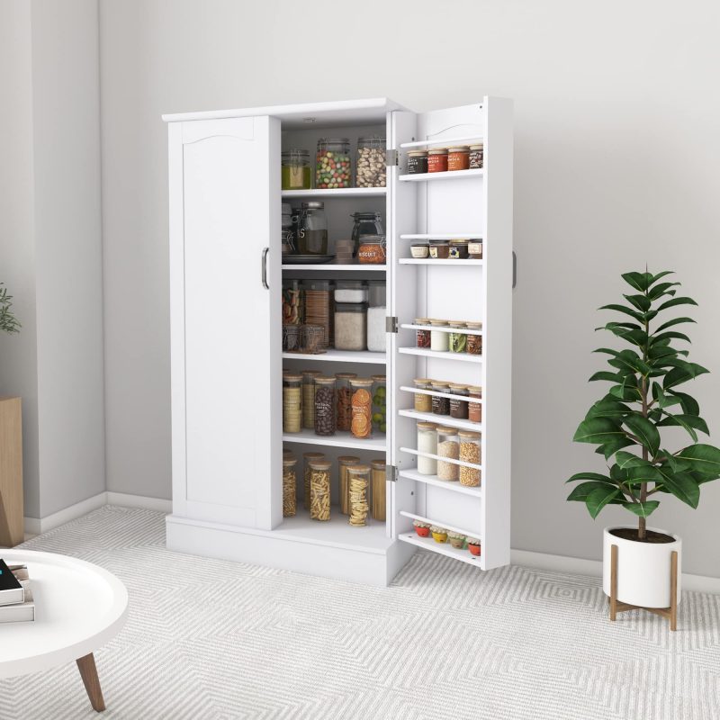 Jehiatek 47u201d Kitchen Pantry Cabinet, White Freestanding Buffet Cupboards Sideboard with Doors & Adjustable Shelves, Kitchen Pantry Storage Cabinet for Kitchen, Living Room and Dinning Room - 图片 8