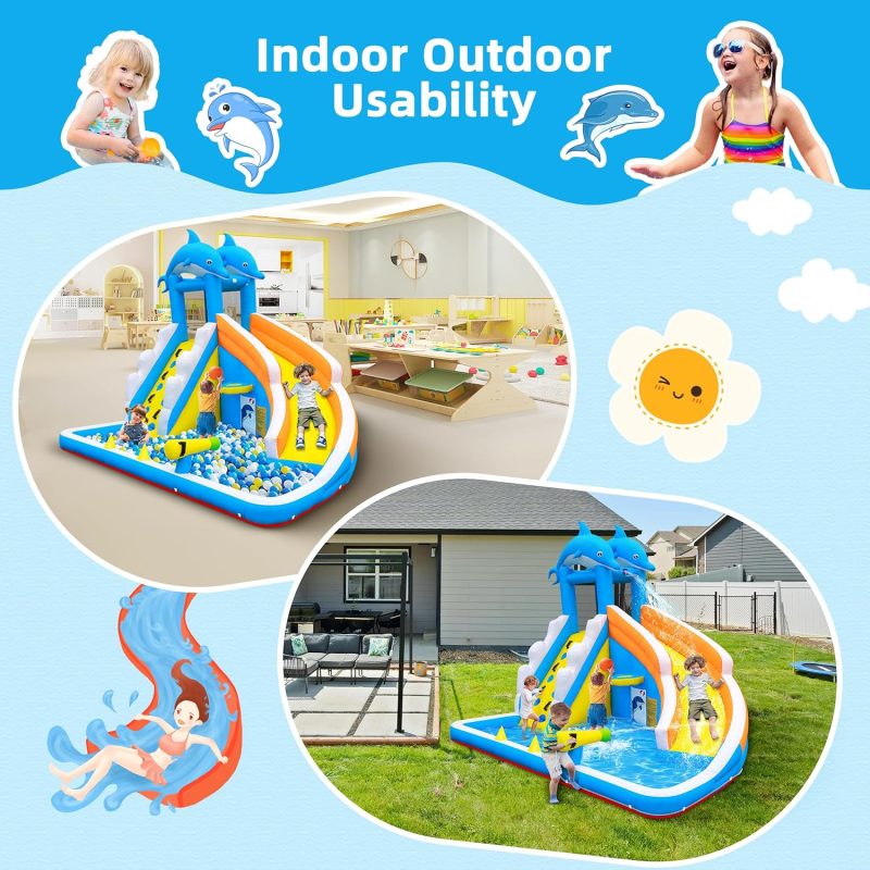 Water Slide,5 in 1 Dolphin Inflatable Bounce House for Kids- Climbing Wall Splash Pool Water Cannon Basketball Rim - 480W Blower - for Indoor Outdoor Backyard Birthday Party - Image 5