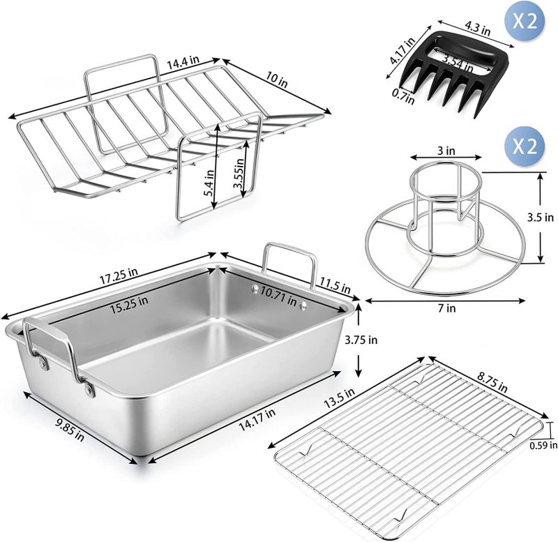 151⁄4” Roasting Pan with Rack, 7 PCS  Stainless Steel Roaster, Lasagna Pan with Cooling Flat & V-Shaped Baking Rack, Grilling Chicken Holder, Meat Shredding Claws, - Image 2