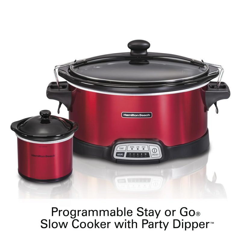 Hamilton Beach 7 Quart Stay or Go Programmable Slow Cooker with Party Dipper, Red, 33478 - Image 2