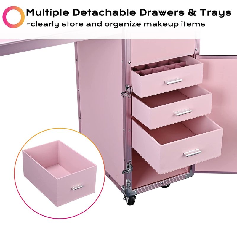 BYOOTIQUE Nail Desk Mobile Station Rolling Makeup Train Case Trolley Cosmetic Manicure Table Mirror 4 Drawers Pink - Image 4