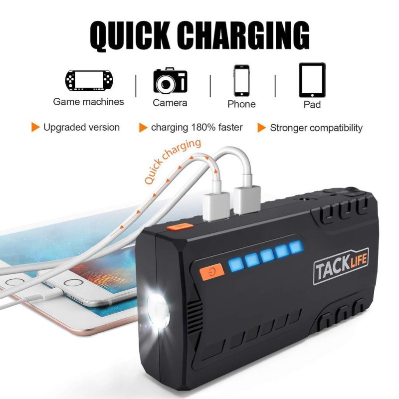 Tacklife T6 800A 18000mAh Car Jump Starter for 7.0L Gas & 5.5L Diesel Engines with Quick Charge, LCD Display, Safety Features, Orange - Image 6