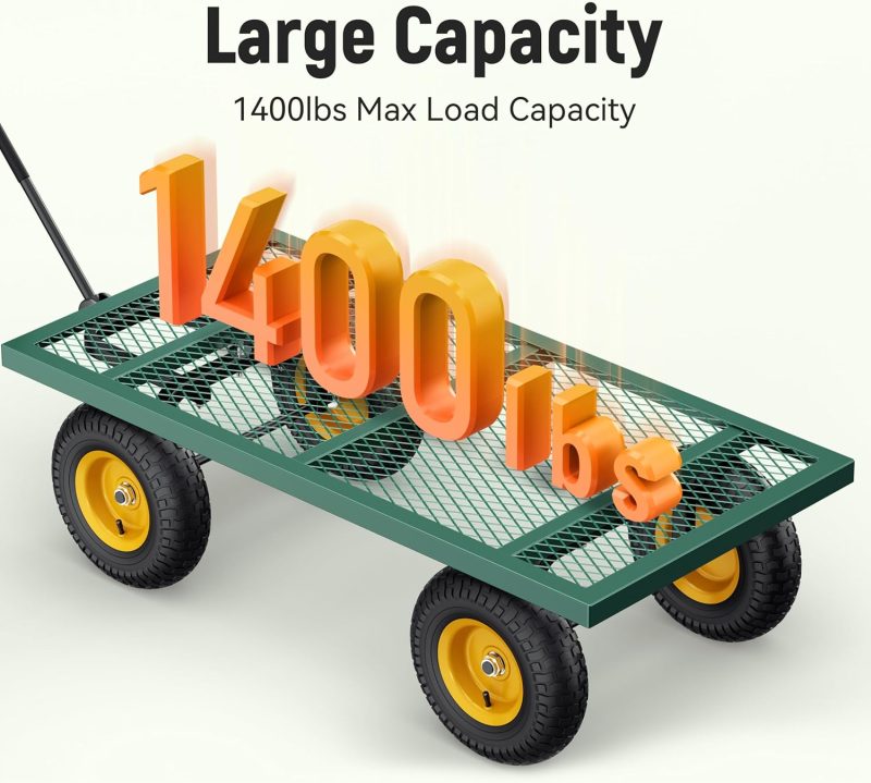 Steel Garden Cart, 2-in-1 1400 lbs Heavy Duty Utility Wagon, with Removable Mesh Sides to Convert into Flatbed, 240° U-Turn 13" Pneumatic Tires Garden Wagon for Farm Yard Lawn Garden Camping - Image 25