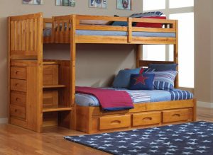 American Furniture Classics Solid Pine Twin Over Full Bunk Bed with Staircase & 7 Drawers, Honey Finish