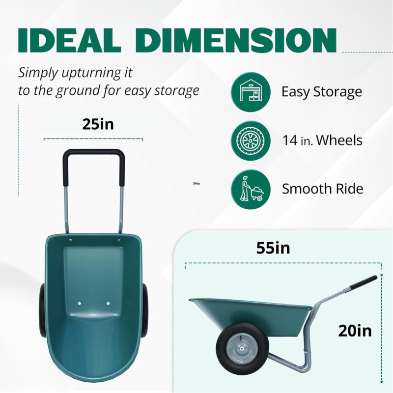 2 Wheel Wheelbarrow  330 Pounds Capacity Yard Cart with Padded Handlebar  14 Inch Pneumatic Tires for High Stability  Ideal for Moving Soil  Plant Shrub  Gardening Tool  Easy Assembly - Image 2