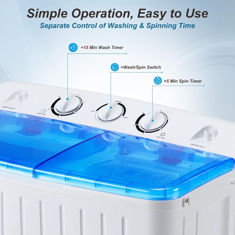 Portable Washing Machine, 15lbs Twin Tub Washer 2 In 1 Mini Compact Laundry Machine, 9lbs+6lbs Washer and Spinner Combo for Dorms, Apartments, RVs(Black) �C 15lbs - Image 35