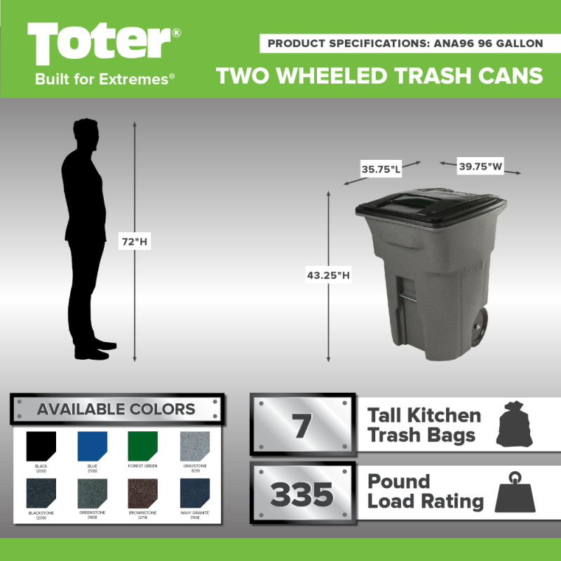 Toter 96 Gallon Trash Can with Smooth Wheels and Lid ; - Image 2