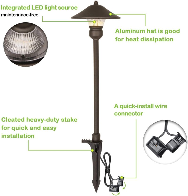 6 Pack Low Voltage LED Landscape Pathway Light, 3W 150LM 12V Wired for Outdoor Yard Lawn, Die-cast Aluminum Construction, 30-Watt Equivalent 15-Year Lifespan - Image 3