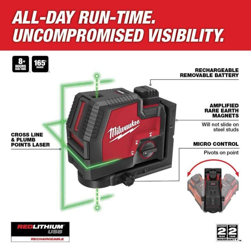 3522-21 Green 100 ft. Cross Line and Plumb Points Rechargeable Laser Level with REDLITHIUM Lithium-Ion USB Battery and Charger - Image 16