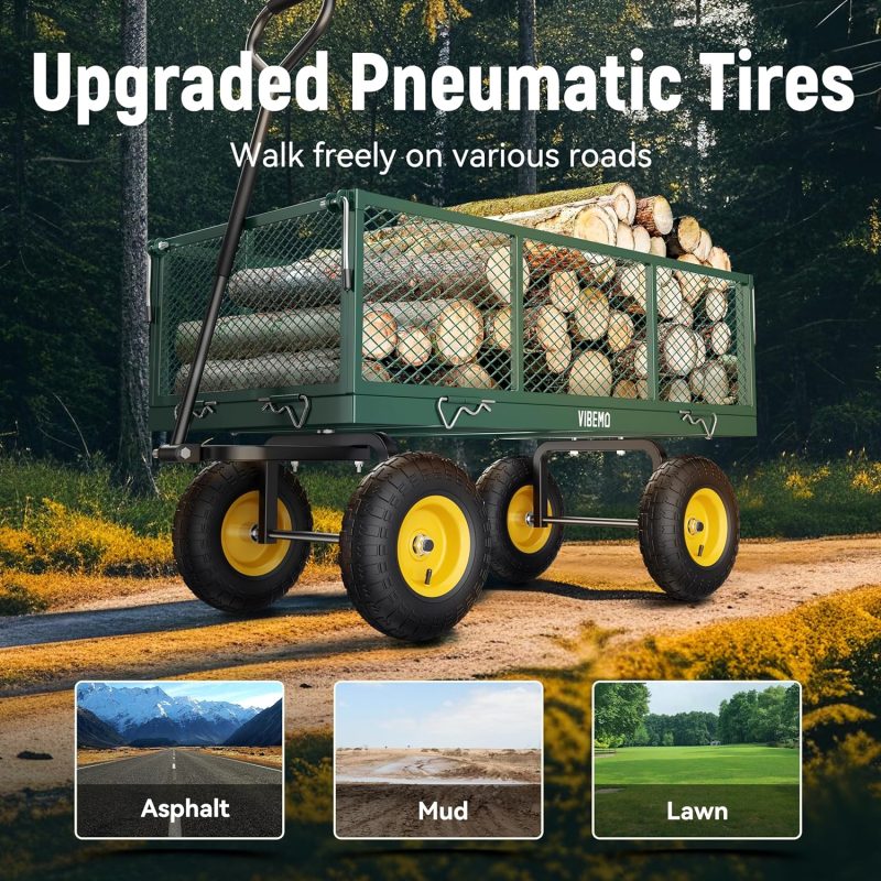Steel Garden Cart, 2-in-1 1400 lbs Heavy Duty Utility Wagon, with Removable Mesh Sides to Convert into Flatbed, 240° U-Turn 13" Pneumatic Tires Garden Wagon for Farm Yard Lawn Garden Camping - Image 21
