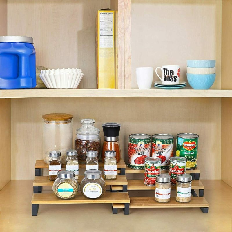 3 Tier Expandable Spice Rack Step Shelf Bamboo Organizer for Kitchen Cabinet - Image 6