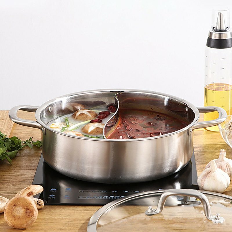 304 Stainless Steel Shabu Shabu Dual Sided Hot Pot W/ Lid And 2 Ladles - Image 6