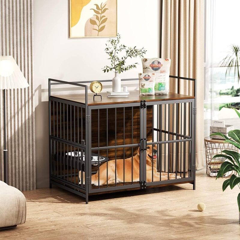 Furniture Style Large Dog Crate with 360° & Adjustable Raised Feeder for Dogs 2 Stainless Steel Bowls -End Table House Pad, Indoor Use,41" L X 24" W 36" H, Classic Brown - Image 24