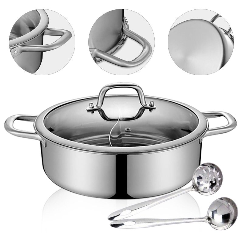 304 Stainless Steel Shabu Shabu Dual Sided Hot Pot W/ Lid And 2 Ladles - Image 15