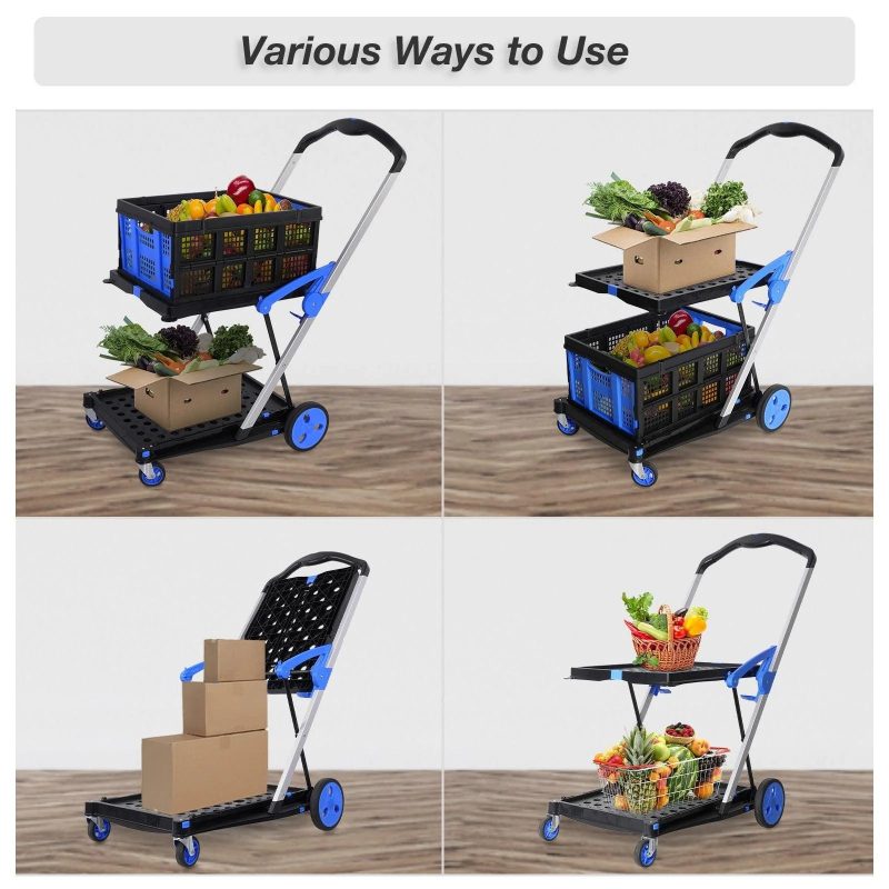 2-Tier Multi-Functional Collapsible Carts Foldable Trolley with Storage Crate Rolling Swivel Wheels - Image 9