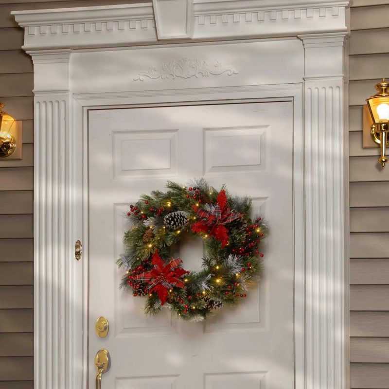 National Tree Company Pre-Lit Artificial Christmas Wreath Green Tartan Plaid White Lights Decorated 24 Inches - Image 2