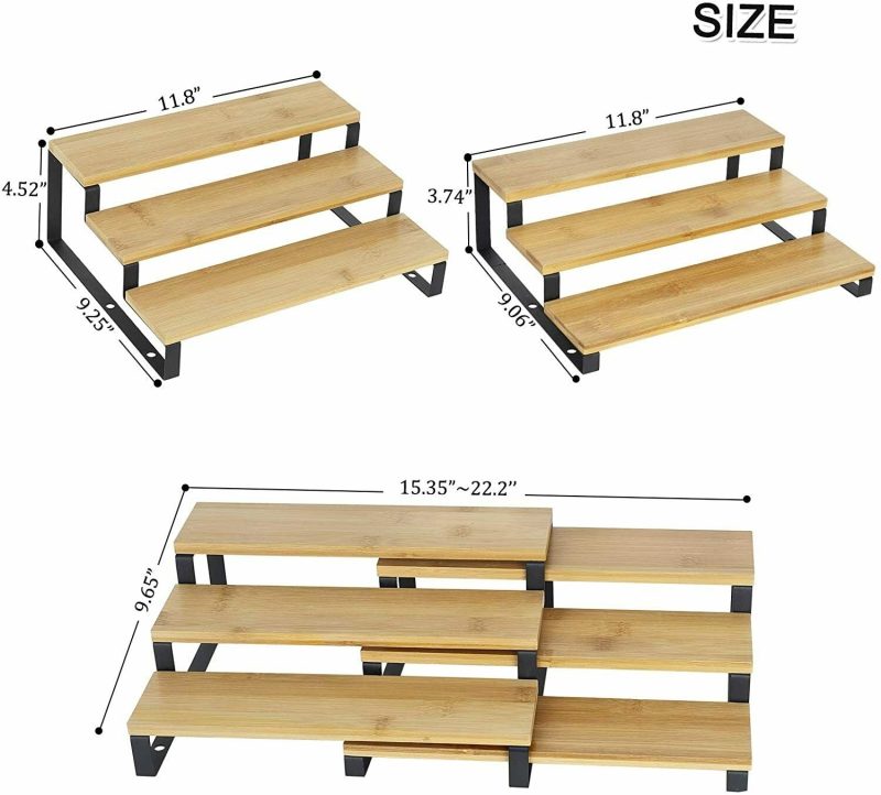 3 Tier Expandable Spice Rack Step Shelf Bamboo Organizer for Kitchen Cabinet - Image 2