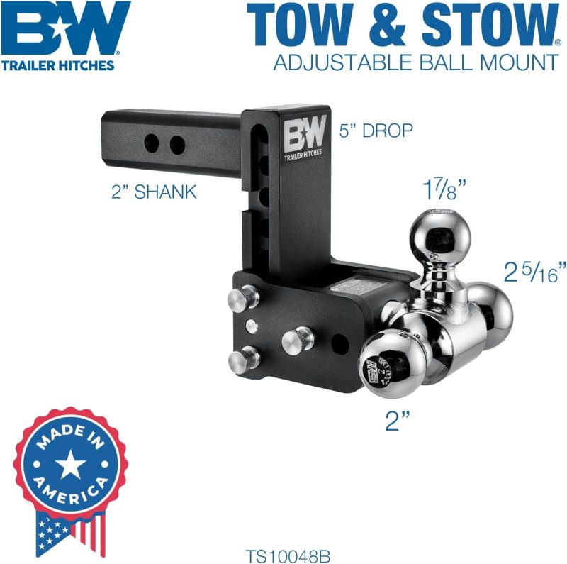 B&W Trailer Hitch Tow & Stow Adjustable Tri-Ball Mount, Zinc, 2    Receiver, 5    Drop, 10,000 lbs GTW, Model TS10048B - Image 2