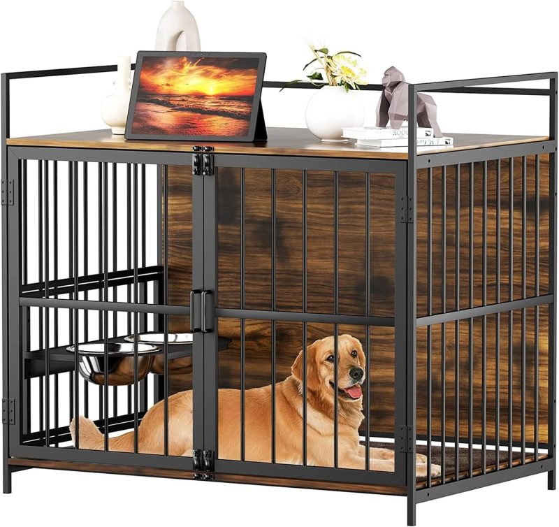 Furniture Style Large Dog Crate with 360° & Adjustable Raised Feeder for Dogs 2 Stainless Steel Bowls -End Table House Pad, Indoor Use,41" L X 24" W 36" H, Classic Brown - Image 2