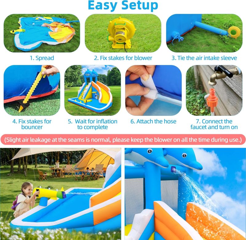 Water Slide,5 in 1 Dolphin Inflatable Bounce House for Kids- Climbing Wall Splash Pool Water Cannon Basketball Rim - 480W Blower - for Indoor Outdoor Backyard Birthday Party - Image 6