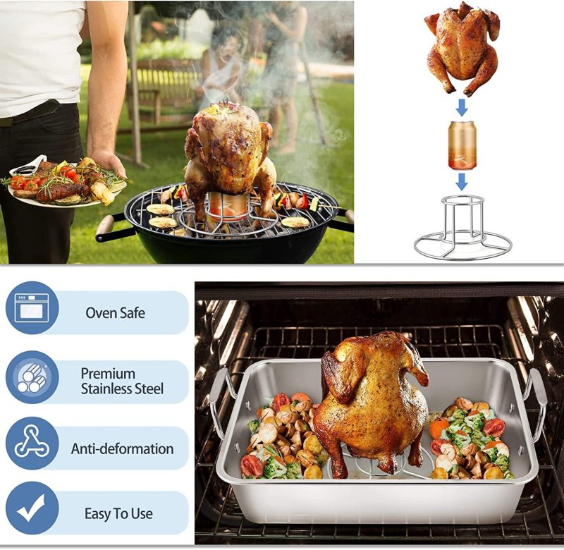 151⁄4” Roasting Pan with Rack, 7 PCS  Stainless Steel Roaster, Lasagna Pan with Cooling Flat & V-Shaped Baking Rack, Grilling Chicken Holder, Meat Shredding Claws, - Image 5