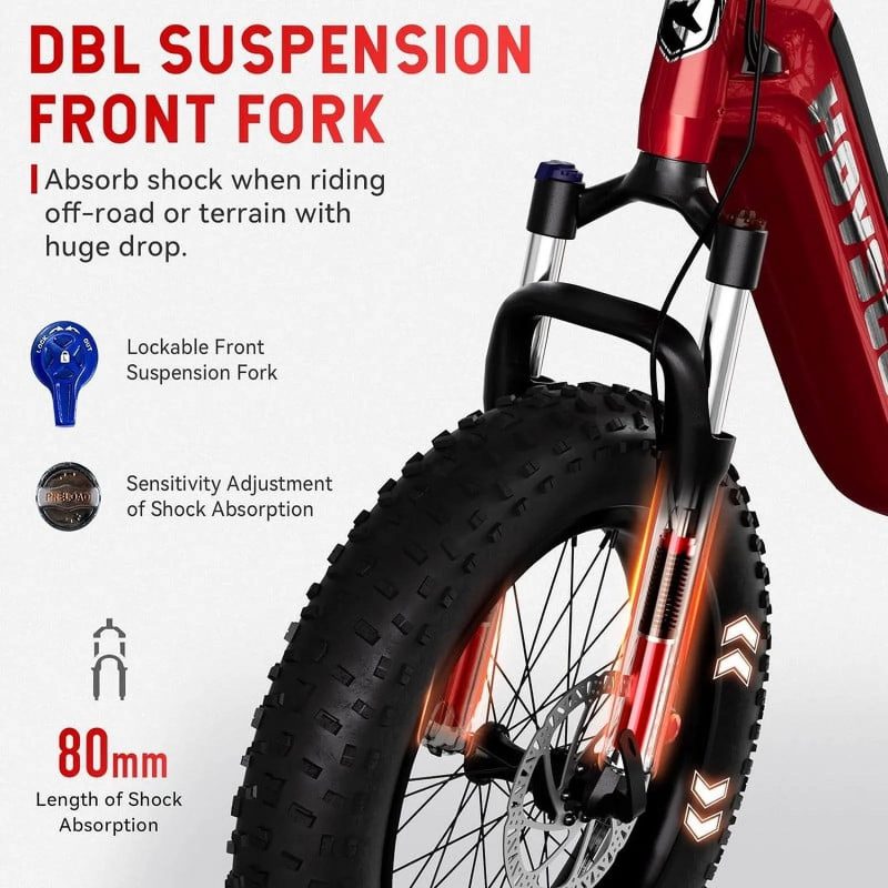 HOVSCO Folding Electric Bike, 750W Step-Thru 20 inch Fat Tire Ebike, 28 MPH, 48V 15Ah Removable Battery, Dual Hydraulic Suspension & Brake, Red - 图片 3