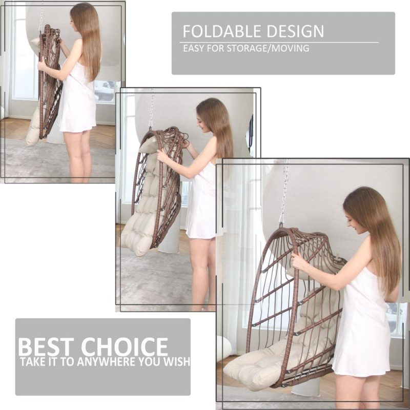 Nicesoul Foldable PE Wicker Brown Hanging Egg Chair With Stand Swing Chair With Cushion and Pillow Capacity 350lbs - Image 4