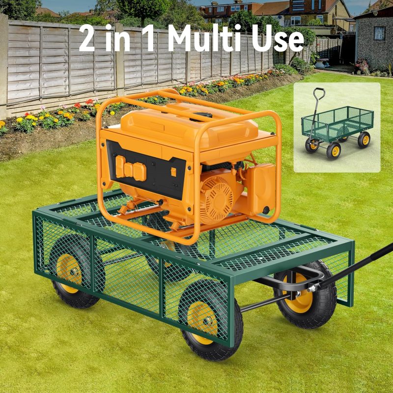 Steel Garden Cart, 2-in-1 1400 lbs Heavy Duty Utility Wagon, with Removable Mesh Sides to Convert into Flatbed, 240° U-Turn 13" Pneumatic Tires Garden Wagon for Farm Yard Lawn Garden Camping - Image 17