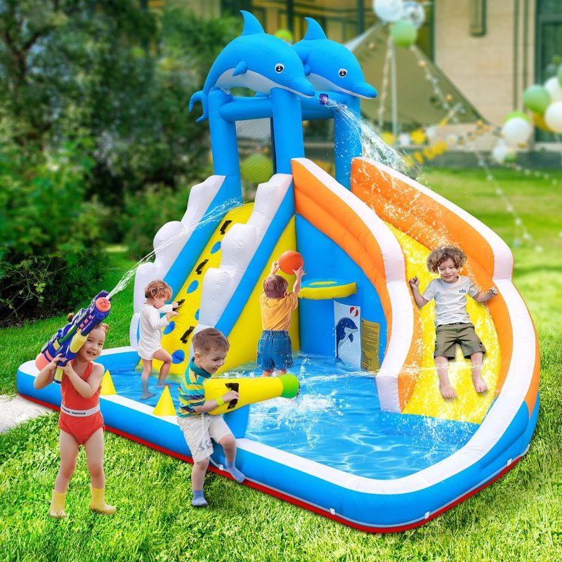 Water Slide,5 in 1 Dolphin Inflatable Bounce House for Kids- Climbing Wall Splash Pool Water Cannon Basketball Rim - 480W Blower - for Indoor Outdoor Backyard Birthday Party - Image 3