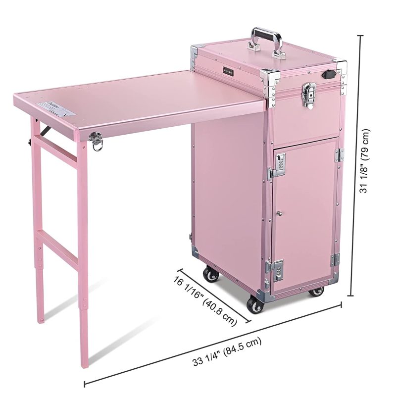 BYOOTIQUE Nail Desk Mobile Station Rolling Makeup Train Case Trolley Cosmetic Manicure Table Mirror 4 Drawers Pink - Image 6