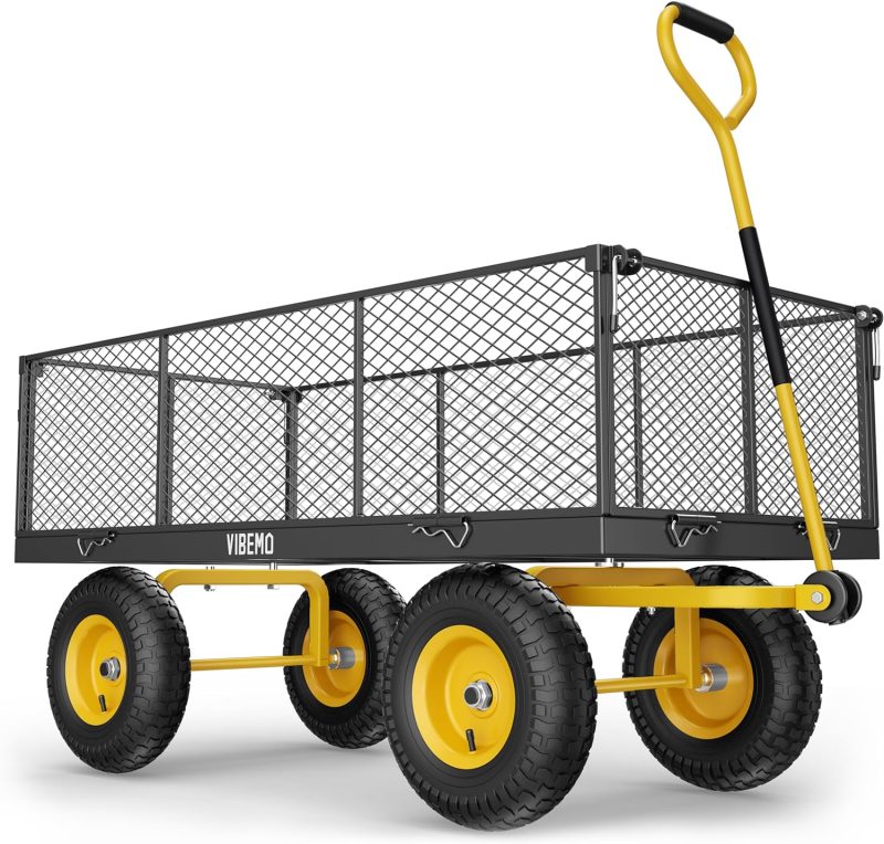 Steel Garden Cart, 2-in-1 1400 lbs Heavy Duty Utility Wagon, with Removable Mesh Sides to Convert into Flatbed, 240° U-Turn 13" Pneumatic Tires Garden Wagon for Farm Yard Lawn Garden Camping