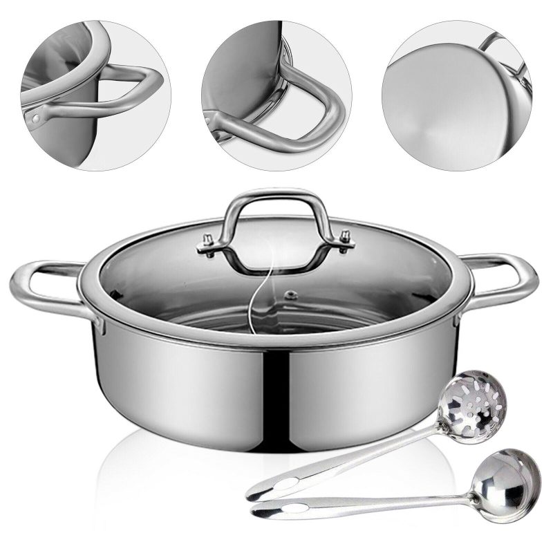 304 Stainless Steel Shabu Shabu Dual Sided Hot Pot W/ Lid And 2 Ladles - Image 3