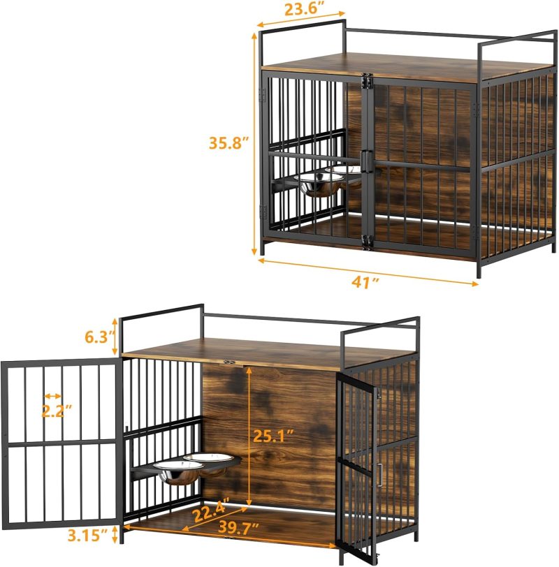 Furniture Style Large Dog Crate with 360° & Adjustable Raised Feeder for Dogs 2 Stainless Steel Bowls -End Table House Pad, Indoor Use,41" L X 24" W 36" H, Classic Brown - Image 18