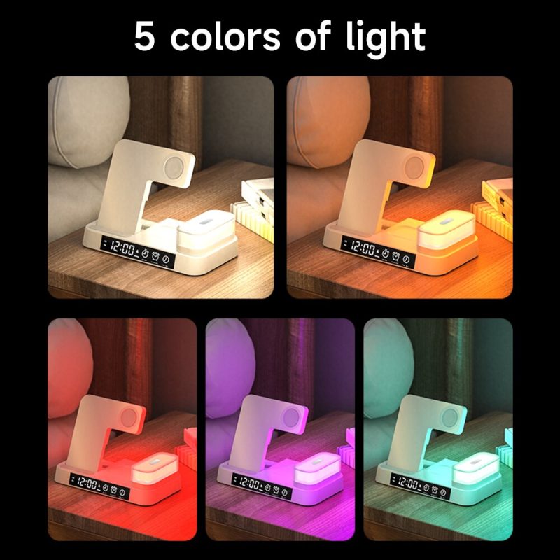 4 in 1 Foldable Multifunction Wireless Charging Station with Alarm Clock Display for iPhone Samsung Apple Watch Air Pods Charger with 7 Colors RGB Night Light - Image 2