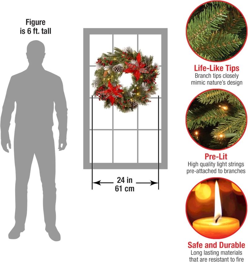 National Tree Company Pre-Lit Artificial Christmas Wreath Green Tartan Plaid White Lights Decorated 24 Inches - Image 3