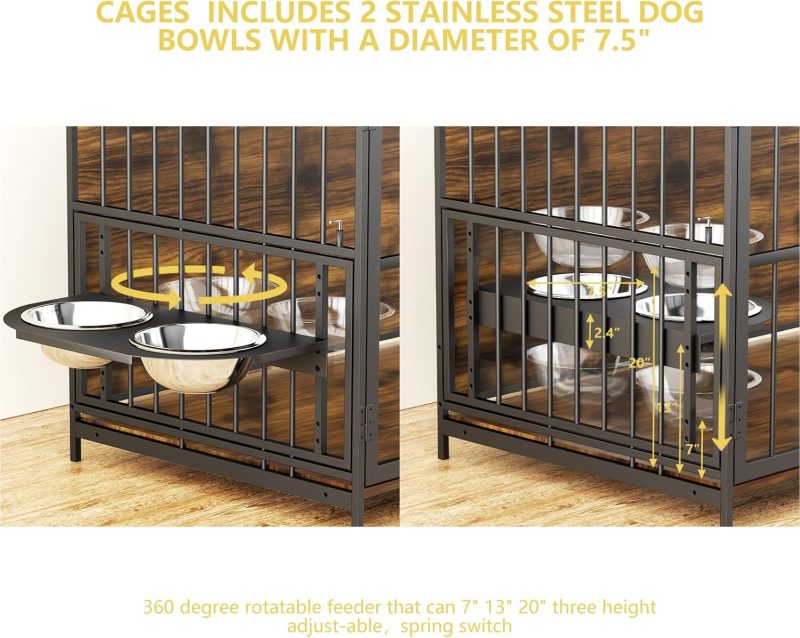 Furniture Style Large Dog Crate with 360° & Adjustable Raised Feeder for Dogs 2 Stainless Steel Bowls -End Table House Pad, Indoor Use,41" L X 24" W 36" H, Classic Brown - Image 5