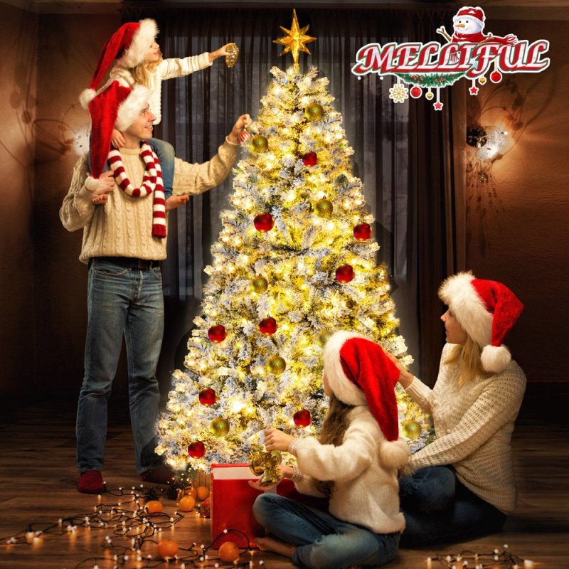 iFanze 6ft Pre-Lit Snow Flocked Christmas Tree with 1000 Tips 250 Warm Lights, Hinged Artificial Holiday Xmas Pine Tree - 图片 2